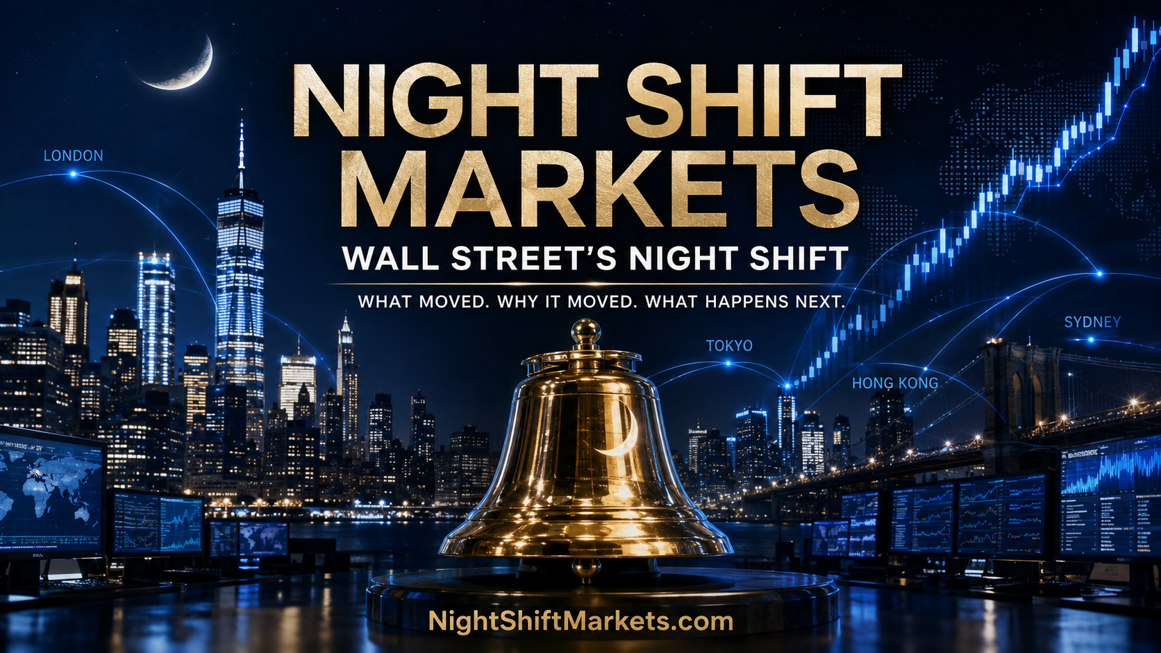 Night Shift Markets hero showing Wall Street at night, a market bell, global cities, and overnight trading charts